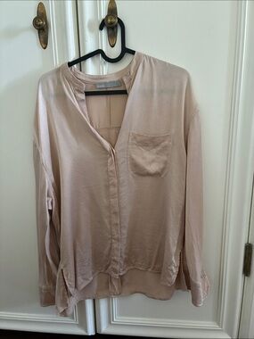 Vince Soft Blush V-Neck Silk Pocket Blouse